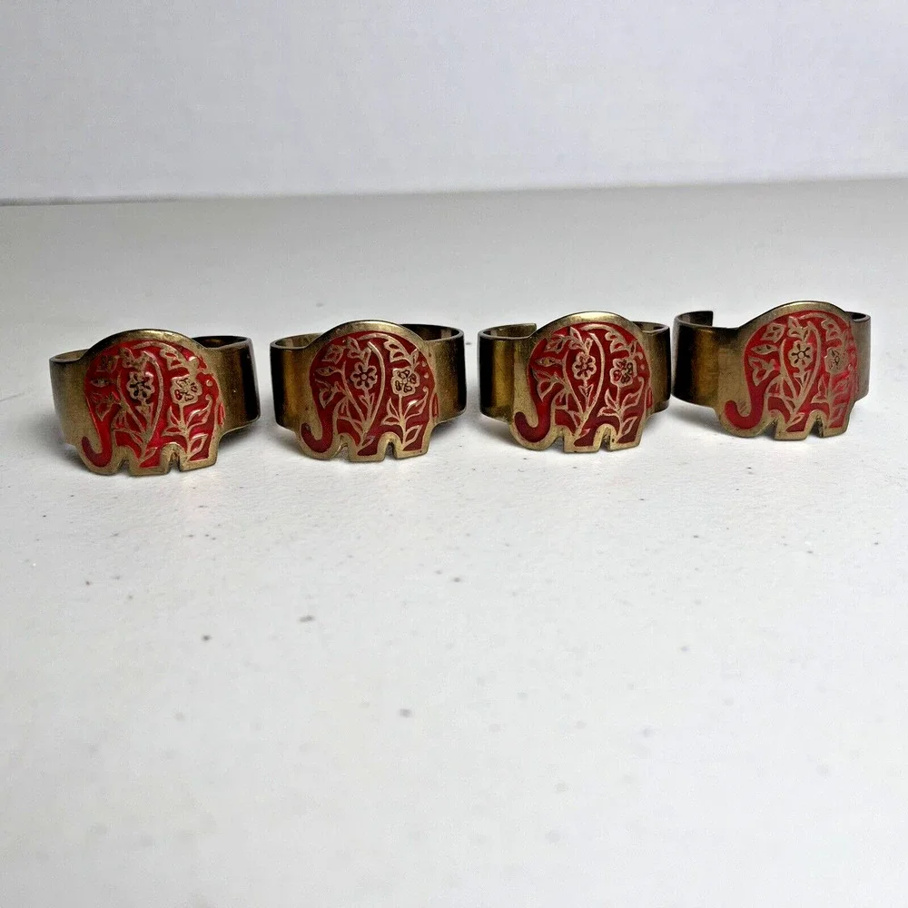 Vintage Brass Elephant Animal Napkin Rings Set Of 4 Marked India Gold Tone & Red